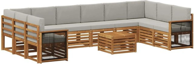 vidaXL Outdoor-Sofagarnitur L-Form aus Akazienholz mit 8 Kissen in Natur und Hellgrau - Bild 1