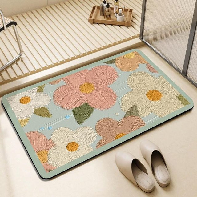 Rutschfeste Kieselgur-Saugmatte für das Badezimmer in Blau mit floralem Design, B/B: 40 x 60 cm - Bild 1