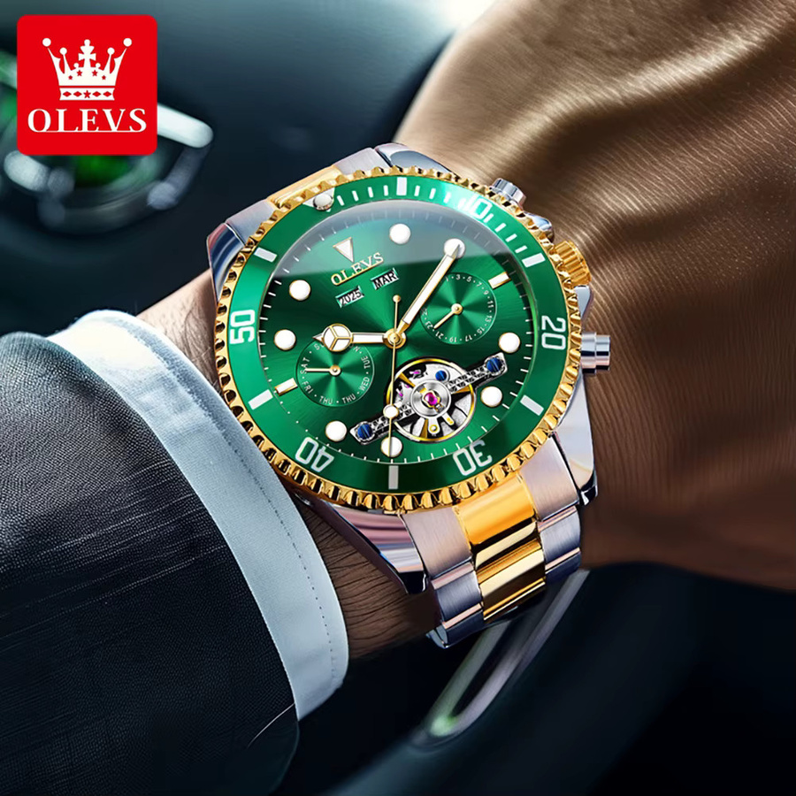 OLEVS Armbanduhr Automatik, Edelstahl, Grün, Gold, Herren - Bild 3