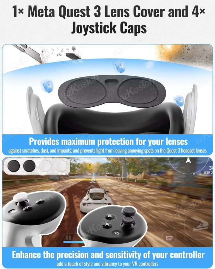 SZKOSTON Zubehör-Set für Meta Quest 3 in Schwarz mit Silikon-Gesichtspad, Objektivabdeckung und Controller-Joystick-Kappen - Bild 4