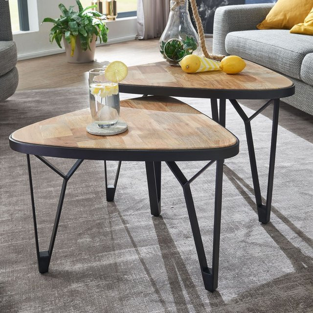 FineBuy Couchtisch 2er Set aus Massivholz und Metall im Industrial Style, braun, dreieckig, B/T/H: 60 x 45 x 12 cm und 60 x 45 x 60 cm - Bild 1