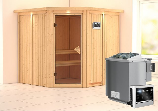Karibu Sauna Jorma Bio-Kombisauna mit 9,0 kW Bio-Ofen, externem Steuergerät, LED-Dachkranz und Ganzglastür in Natur, B/T/H: 196 x 196 x 210 cm - Bild 1