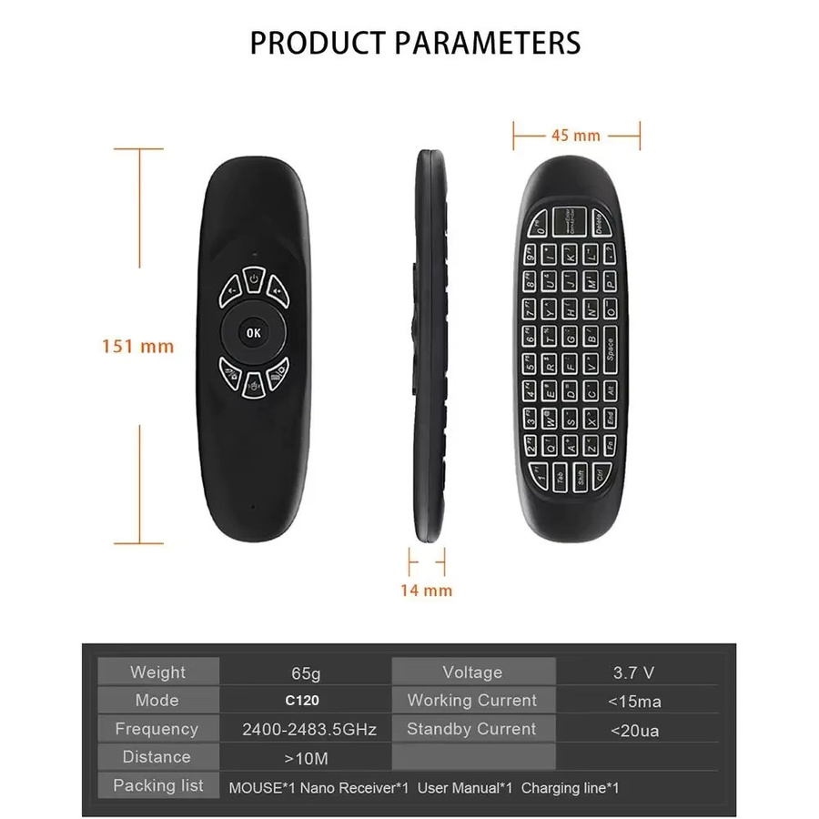 Kebidumei C120 Air Mouse mit Hintergrundbeleuchtung, 2,4G RF Wireless Mini Tastatur und Smart Gyroskop Fernbedienung für Android Smart TV Box, Schwarz - Bild 5