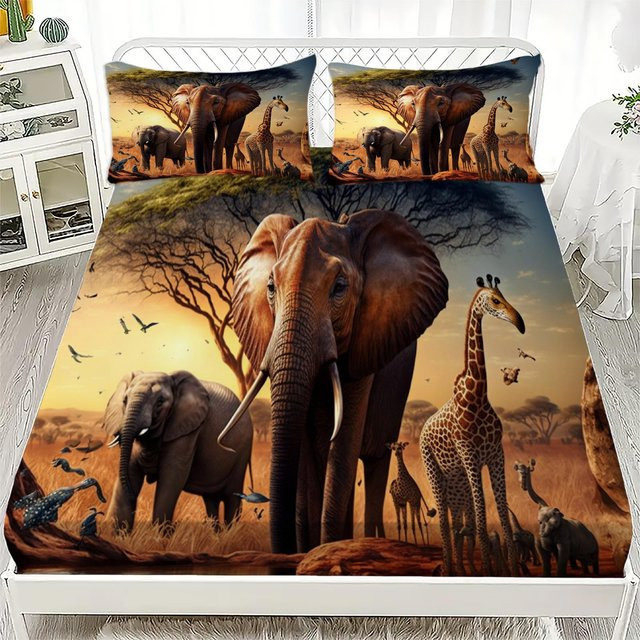 Your Warm Home Bettwäscheset im Afrikanischen Savanne Wildtier Stil mit Elefant, Löwe und Leopard, Mehrfarbig, Material: Mikrofaser, B/T: 150 x 200 cm, Höhe: 25 cm - Bild 1