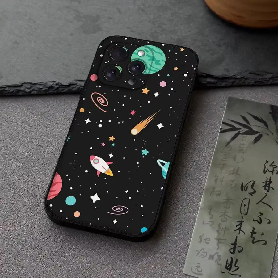 Schwarze Silikon Handyhülle mit Cartoon-Planeten-Design für iPhone Modelle (iPhone 17 bis iPhone 7/8) - Bild 2