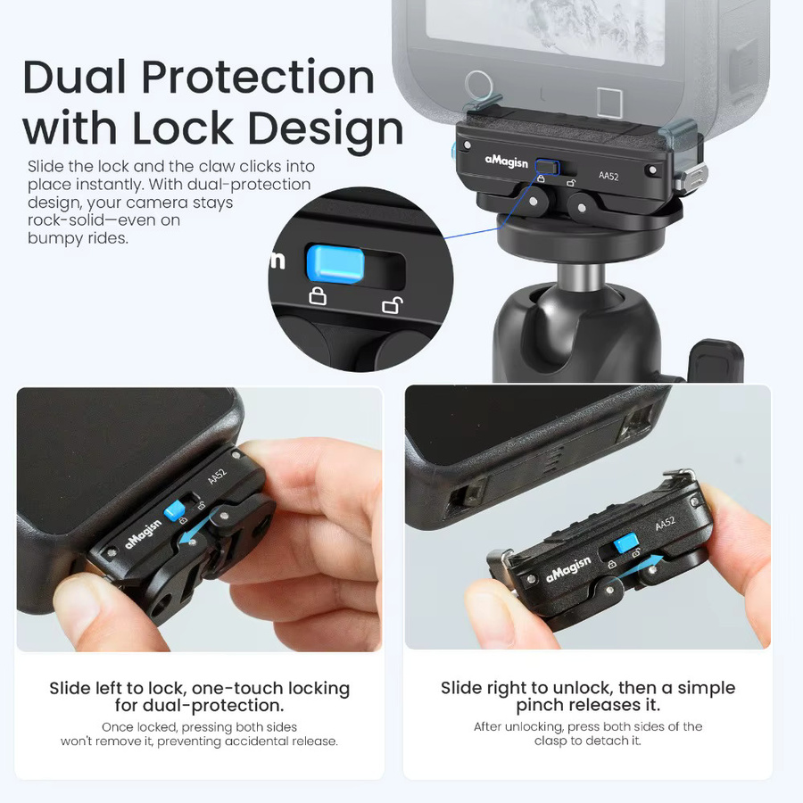 aMagisn Schnellverschluss-Halterung mit Sicherheitsverriegelung für DJI Action 5 Pro, 4, 3 und OSMO 360 in Schwarz mit 1/4-Zoll- und 2-Pin-Schnittstellen - Bild 2
