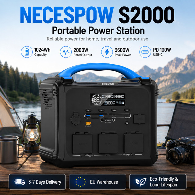 NECESPOW S2000 Tragbare Powerstation 1024Wh in Schwarz mit 2000W Leistung, 3600W Spitzenleistung, 400W Solareingang, PD100W und USV-Backup-Funktion für Camping, Wohnmobil und Outdoor - Bild 1