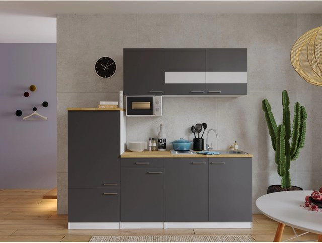 Respekta Küchenblock KB210WGMIBO in Grau mit Glastüren und Soft-Close-Funktion, Breite: 210 cm, Höhe: 145 cm - Bild 1