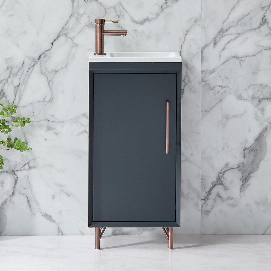 Waschtischunterschrank mit Waschbecken HudsonReed Edge in Anthrazit mit Soft-Close-Türen und Griffen in gebürsteter Bronze, Breite: 40 cm - Bild 1