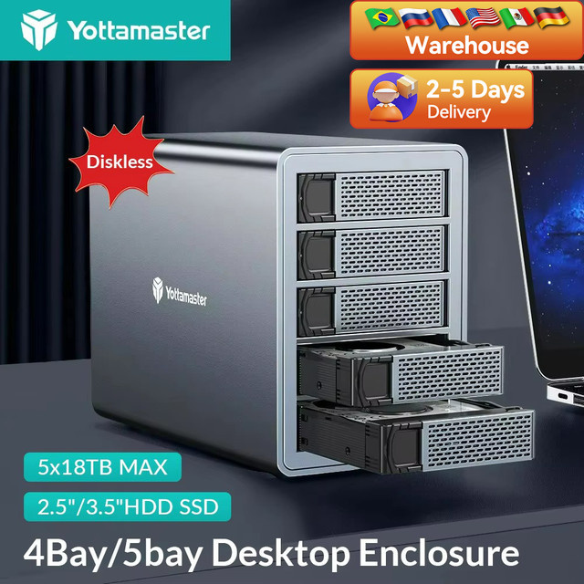 Yottamaster 5-Bay RAID externes Festplattengehäuse für 2,5 Zoll und 3,5 Zoll SATA HDD und SSD mit 150 W Leistung und Lüfter - Bild 1