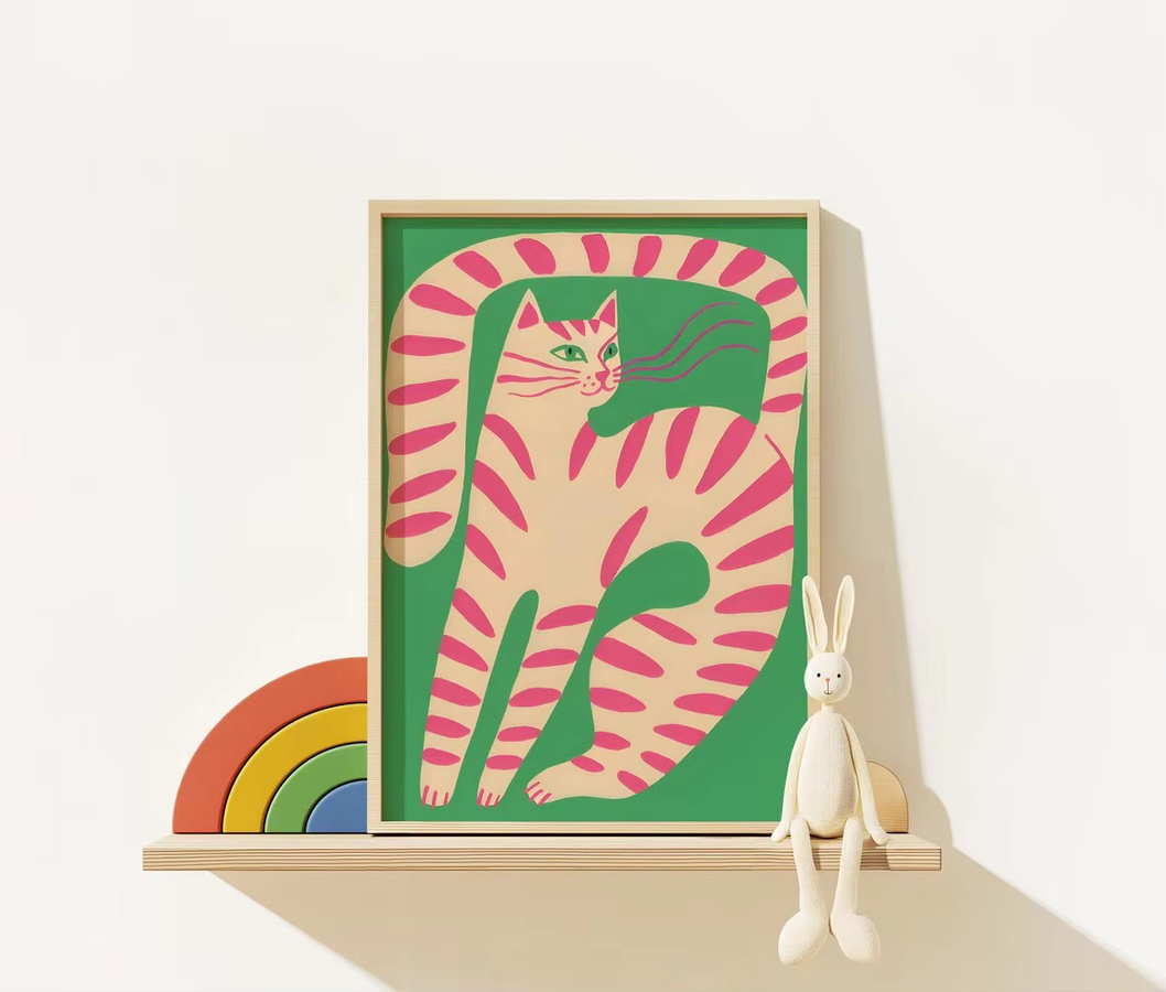 Moderner Wandkunstdruck mit rosa gestreiften Katzen-Illustration in Pink und Multicolour - Bild 3