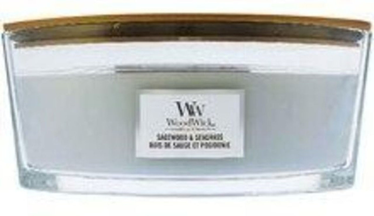 Woodwick Sagewood Seagrass Duftkerze aus Wachs in Blau und Weiß im Glas - Bild 1