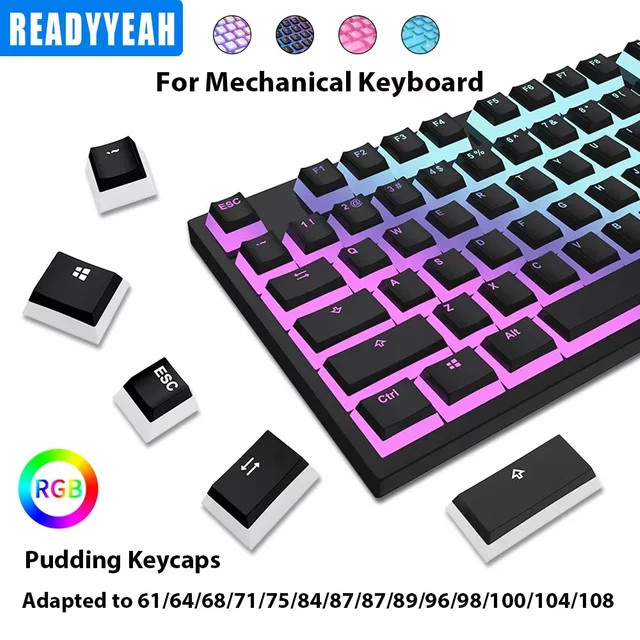 Pudding Keycaps Set für mechanische RGB Tastaturen aus PBT Double Shot Material, 129 Tasten, Farben: Pink und Schwarz - Bild 1