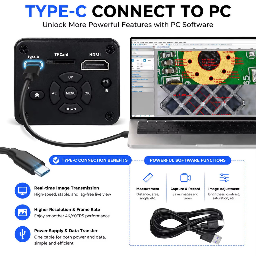 YIZHAN UHD 4K Elektronisches Videomikroskop mit 1/1.8'' Sensor, HDMI und USB, 1080P 60FPS, 215X Verstellbares Objektiv, Ringlicht, Standfuß und Fernbedienung, Schwarz - Bild 5
