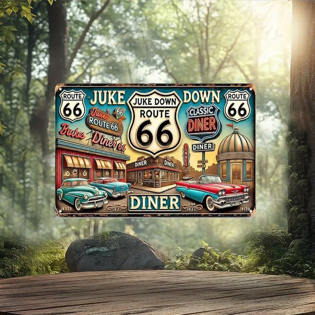 HELLOYOUNG Retro-Blechschild Route 66 Vintage Wanddekoration aus Aluminium, B: 30,0 cm, H: 20,0 cm, T: 1,0 cm - Bild 1