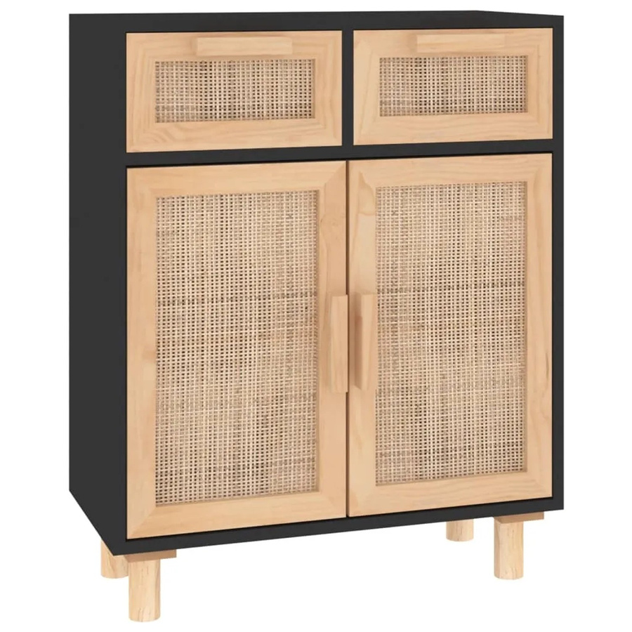 vidaXL Sideboard Schwarz aus Massivholz Kiefer und Natur-Rattan B/T/H: 60 x 30 x 75 cm - Bild 3