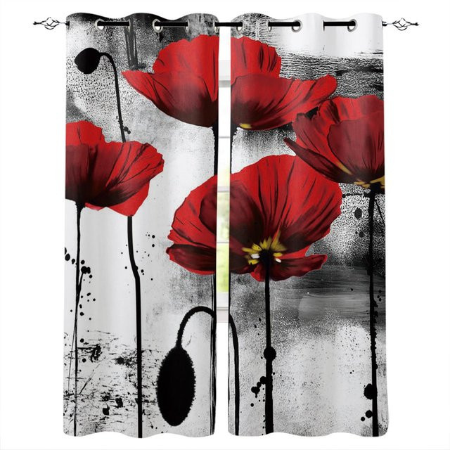 A Family Of Home Textiles Florale Vorhänge mit Tuschemalerei Rote Blume, 2 Paneele mit Volant und Haken, Schwarz/Rot, B: 50 cm, H: 130 cm - Bild 1