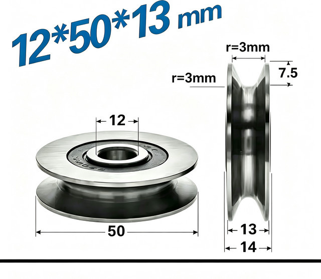 6301RS Drahtseilrolle aus Stahl mit U-Nuten und V-Rundboden, silberfarbene Riemenscheibe als Führungsrad, B/T/H: 50 x 12 x 13 mm - Bild 1