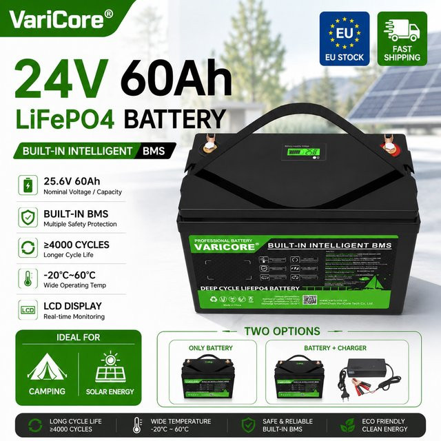 VariCore 24V 60Ah LiFePO4 Lithium-Eisenphosphat-Batterie mit 29,2V 5A Ladegerät in Schwarz für Wohnmobil und Camping - Bild 1