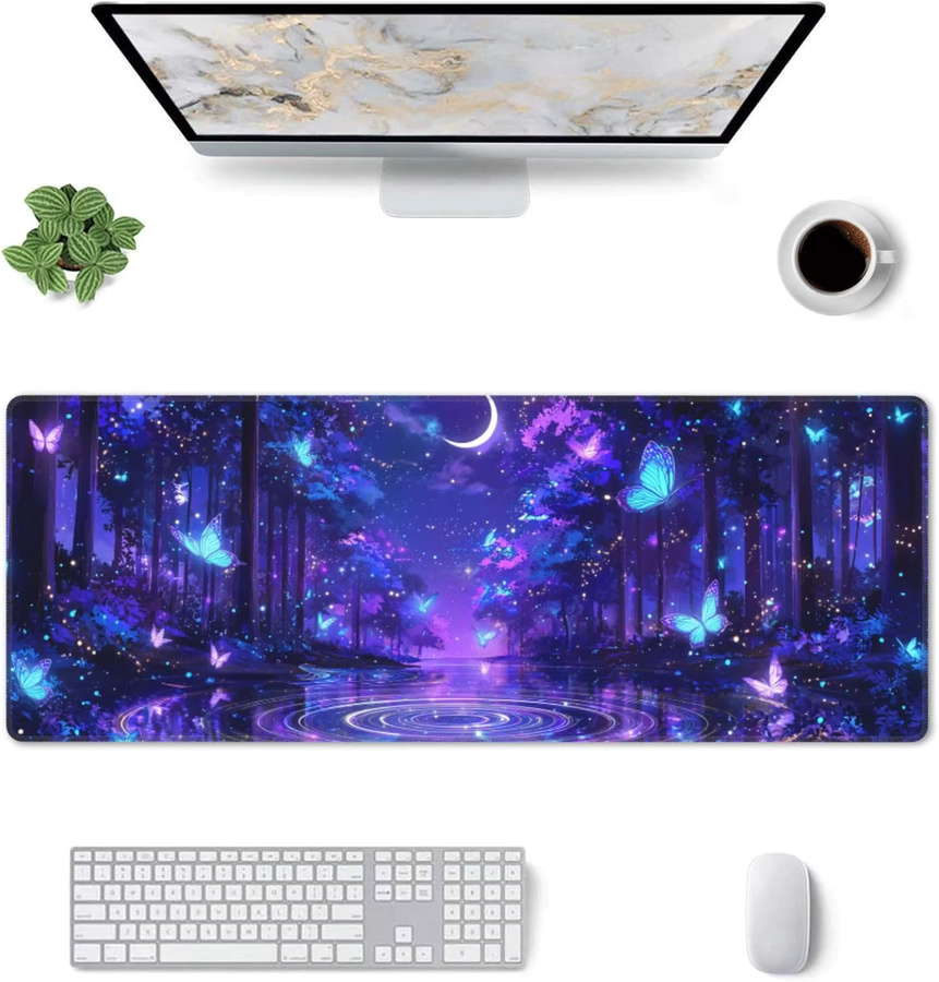 Großes Gaming-Mauspad mit Schmetterlingsmotiv in Multicolour, XL Schreibtischunterlage mit genähten Kanten für Gamer und das Heimbüro - Bild 2