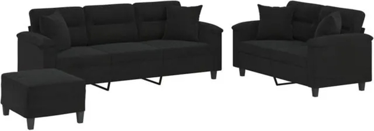 Vidaxl 3-tlg. Sofagarnitur in Schwarz aus Mikrofasergewebe mit Kissen und Metallgestell - Bild 1