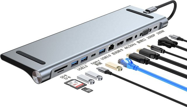 T.F.SKYWINDINTL 12-in-1 USB-C Hub Multiport Adapter Dockingstation in Silber mit 2x HDMI 4K UHD, USB 3.0, RJ45 Ethernet, SD/TF und PD für Laptop, MacBook und iPad - Bild 1