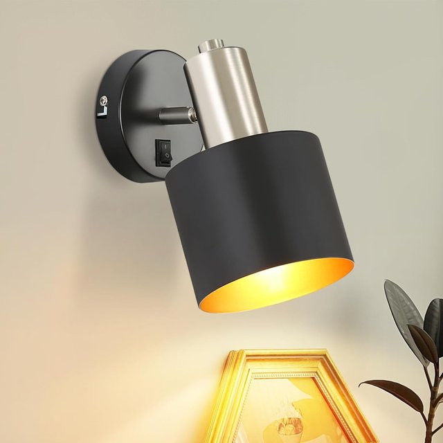 Vintage Wandlampe aus Metall in Schwarz mit Schalter, 330 Grad drehbar, E27 Retro Wandspot für Schlafzimmer, Küche oder Flur (ohne Leuchtmittel) - Bild 1