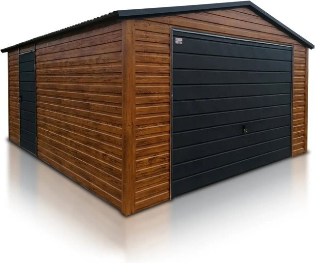 Liderstal Einzelgarage Premium aus Trapezprofilblech mit Satteldach in Holzoptik Goldene Eiche und Schwingtor in Graphit, B: 400 cm, T: 500 cm, H: 260 cm - Bild 1