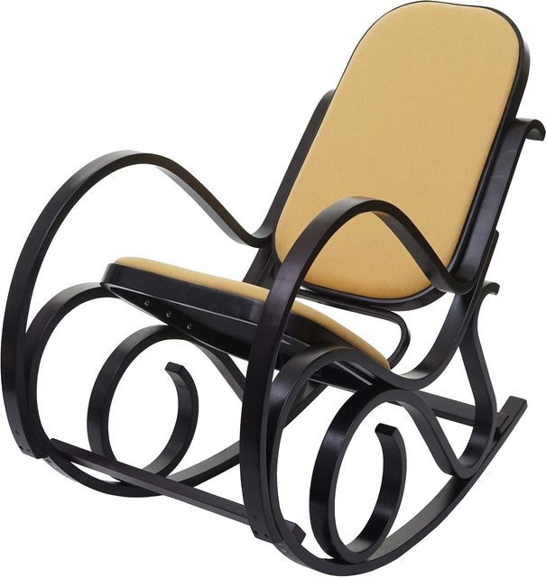 Schaukelstuhl Gallarate MCW im Retro-Design aus Massivholz mit Walnuss-Optik und gelbem Textilstoff - Bild 1