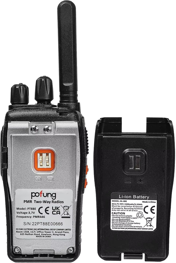 Pofung PT88E Walkie Talkie Set 4 Stück, PMR446 Lizenzfreies Zwei-Wege-Radio mit 16 Kanälen, Farbe: Schwarz, inklusive USB-Ladegerät und Ohrhörern - Bild 4