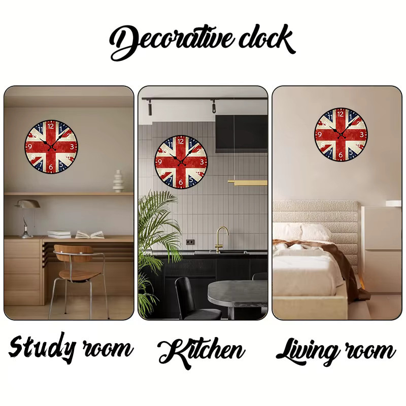 Runde Wanduhr aus Holz mit Flaggen-Design in Multicolour, geräuschloses analoges Zifferblatt für Wohnzimmer, Büro und Schlafzimmer - Bild 5