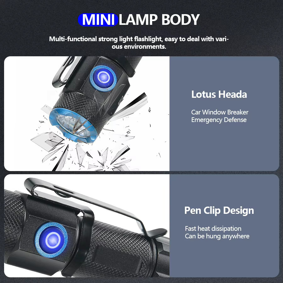 XIWANGFIRE Mini P50 LED-Taschenlampe in Schwarz, wiederaufladbar via USB-C mit Hut-Clip und Magnet für Camping, Jagd und Notfälle - Bild 4