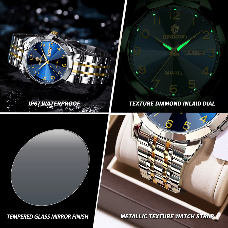 BINBOND Armbanduhr Quarz, Edelstahl, Bicolor, Blau, Herren - Bild 6