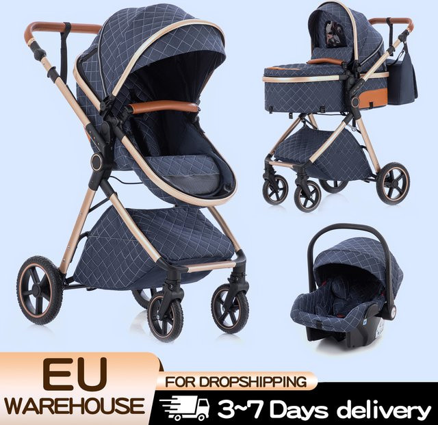 3-in-1 Kombi-Kinderwagen für Neugeborene mit Babywanne, zusammenklappbar und verstellbarer Griff, Grau-Blau - Bild 1