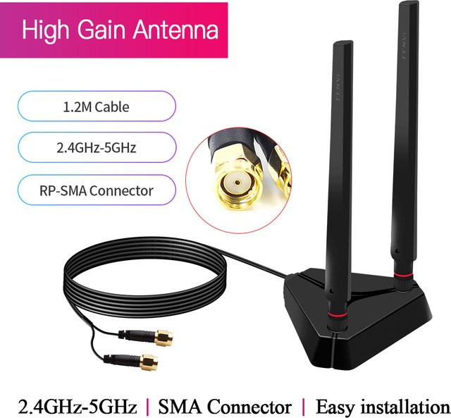 Fenvi WiFi Antenne Dual Band 2,4 GHz und 5 GHz mit RP-SMA Stecker in Schwarz für AX210 AX200 PCI-E Netzwerk Karten und Wireless Router - Bild 1