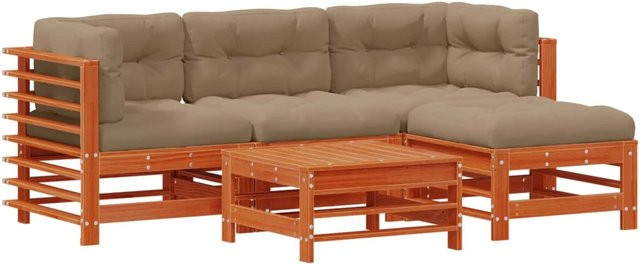 vidaXL Garten-Lounge-Set 5-tlg aus massivem Kiefernholz in Braun mit Polstern und Ottoman in L-Form - Bild 1