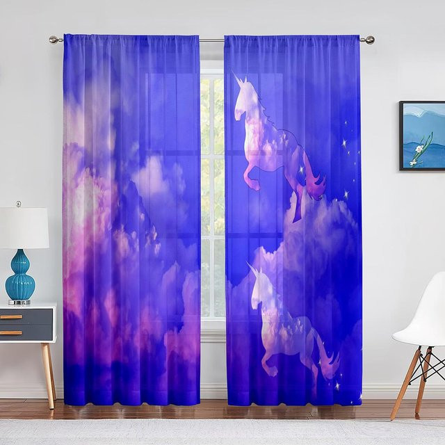 Transparenter Chiffon-Vorhang mit Einhörnern und Wolken-Motiv in Lila von Super Six, Breite: 100 cm, Höhe: 250 cm - Bild 1