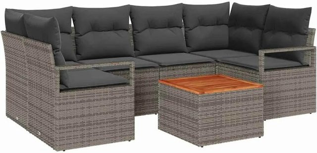 vidaXL Garten-Sofa-Set 7-teilig in Grau mit PE-Rattan, pulverbeschichtetem Stahl und Akazienholz inklusive Tisch und Polstern mit Stauraumfunktion - Bild 1