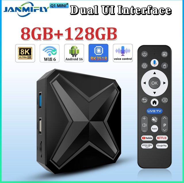 Janmifly Q1MINI+ Smart-TV-Box mit Android 16, Dual-UI-Schnittstelle, Google Assistant und 8K Video Unterstützung, Schwarz - Bild 1