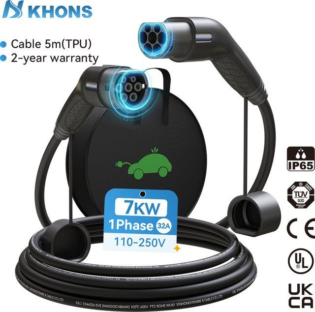 Khons EV-Ladestation Typ2 auf Typ2 Kabel 7KW 32A mit 5m Länge, Schwarz, IP65 Schutzklasse - Bild 1