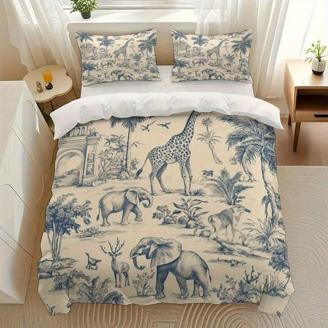 Bettwäsche Set mit 3D Wildtierprint Tropischer Dschungel Safari, Blau, B/H: 264 x 229 cm - Bild 1