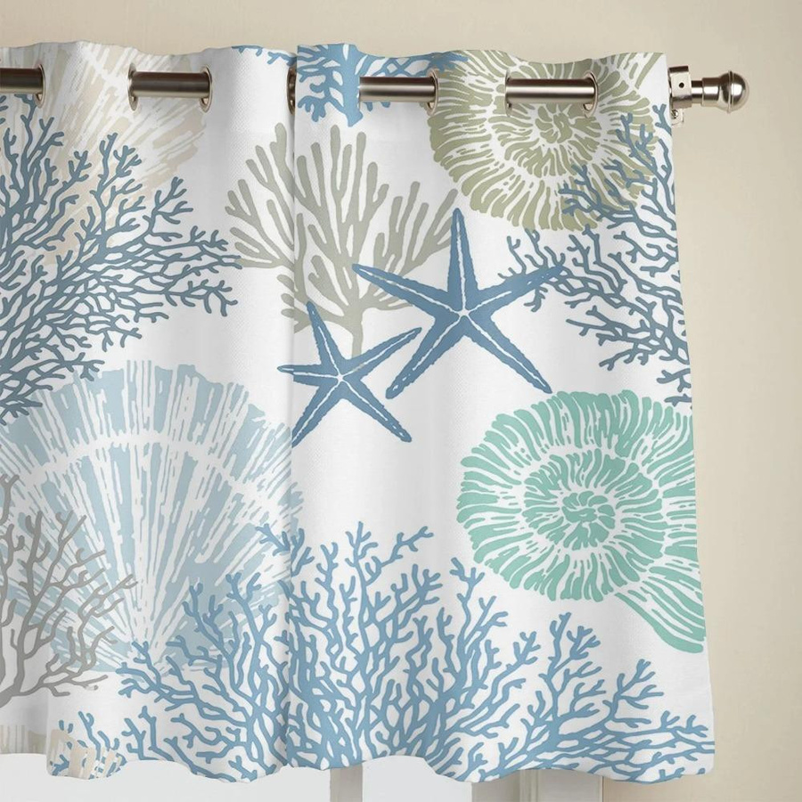Yiran Furniture Vorhänge mit Marine Korallen Muscheln und Seestern Motiv in Blau, 2er-Set, transparent, B: 100 cm, H: 230 cm - Bild 1