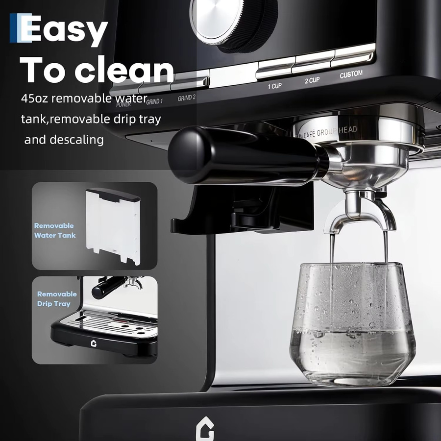 HiMISS Espressomaschine in Schwarz mit integriertem Mahlwerk, 30 Mahlgradstufen und Milchaufschäumer für Cappuccino und Espresso mit 15 Bar Druck - Bild 6