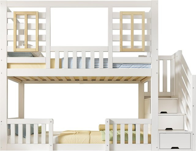 AB Store Etagenbett im Hüttenstil mit Treppenschrank und Stauraum in Weiß, 2 Liegeflächen je 90 x 200 cm, H x B x T: 254 x 95 x 170 cm - Bild 1