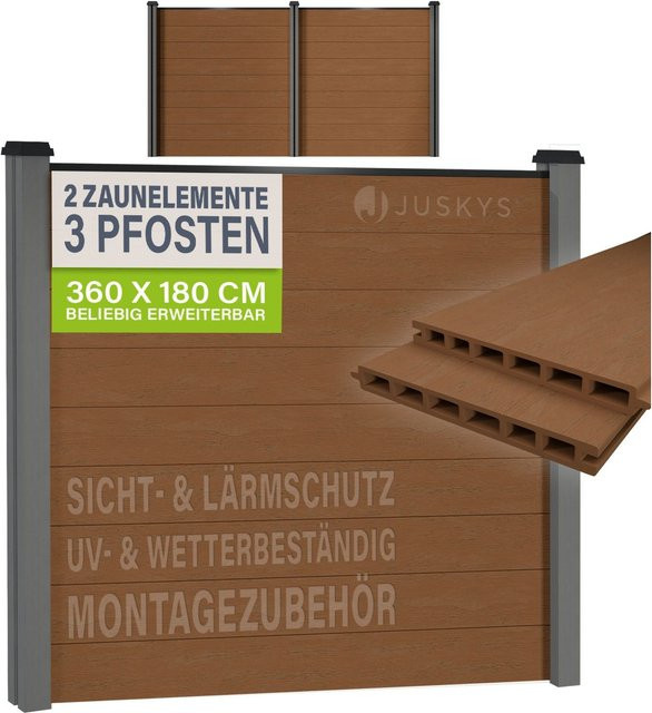 Juskys WPC Sichtschutzzaun 2er Set aus WPC und Stahl in Grau und Braun mit 2 Elementen und 3 Pfosten - Bild 1