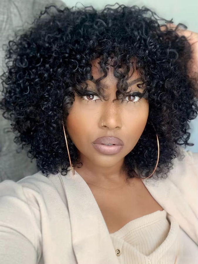 Jerry Curly Bob Echthaarperücke, brasilianisches Remy-Haar, schwarz, 180 % Dichte, Damen - Bild 4