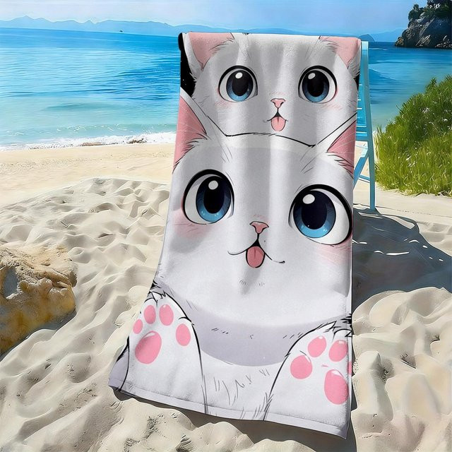 Dalangpa Strandtuch für Kinder mit niedlichem Cartoon-Katzen-Pfotenmuster aus Mikrofaser in Weiß, Breite: 30 cm, Höhe: 60 cm - Bild 1