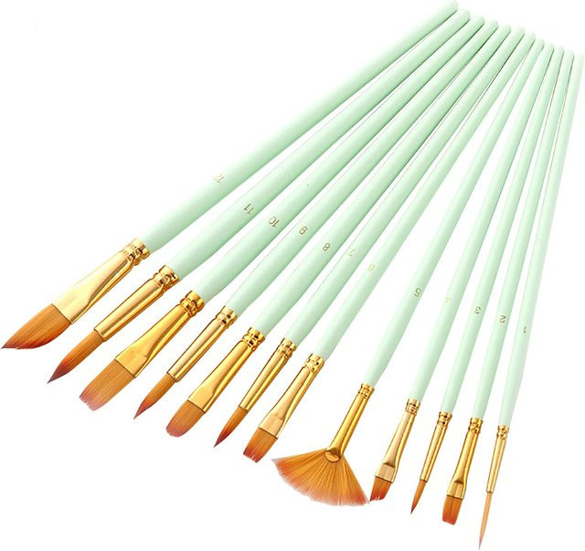 TOMTOP JMS 12-teiliges Künstlerpinselset aus Nylon mit Holzgriffen in Grün und Pink für Acryl und Aquarell - Bild 1