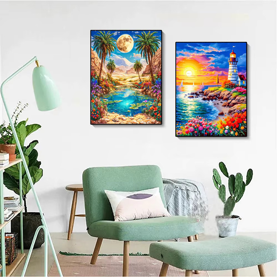 QIZITENG 5D DIY Diamant Malerei Kit Kaktus Segelboot Sonnenuntergang Landschaft Mosaik Kreuzstich Set zur Raumdekoration - Bild 2