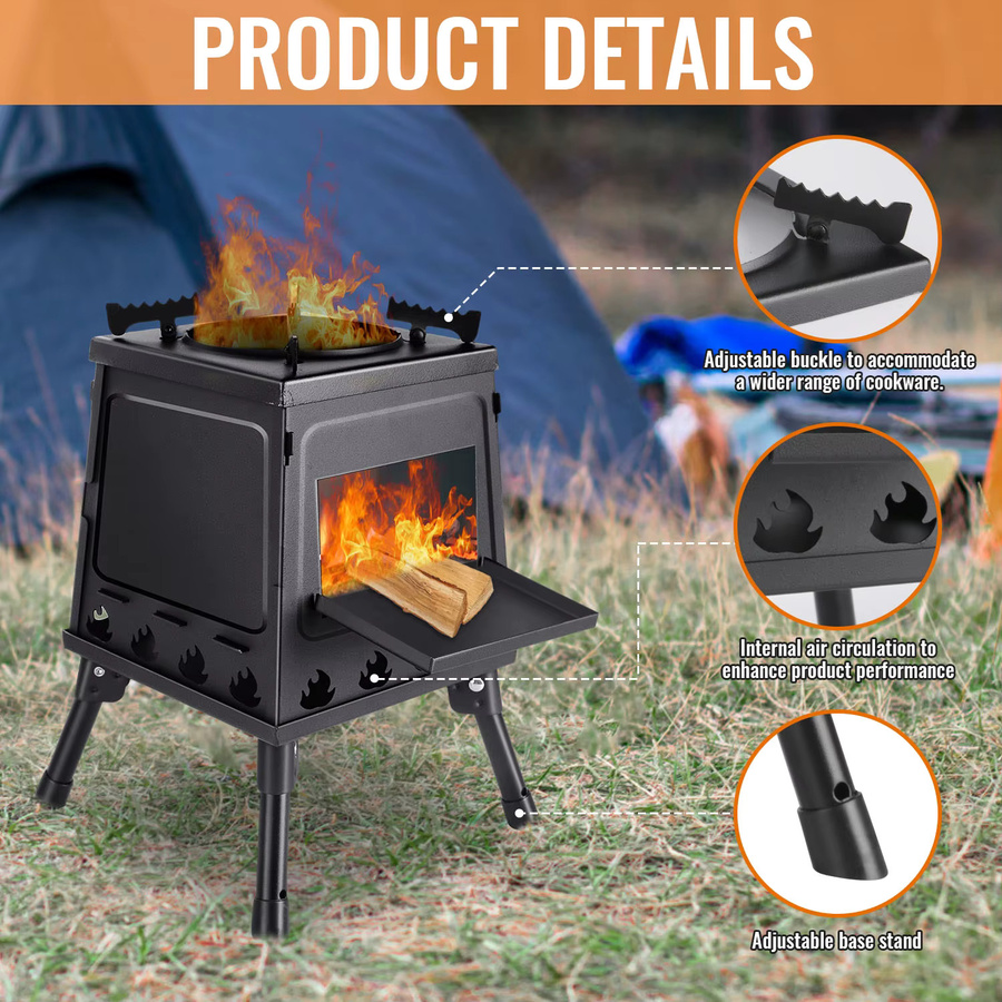 HGTUGO Campingofen aus Gusseisen, faltbarer Holzbefeuerter Campingkocher in Schwarz mit verstellbarem Topfhalter und Tragetasche, B/T/H: 35,0 x 22,0 x 35,0 cm - Bild 2